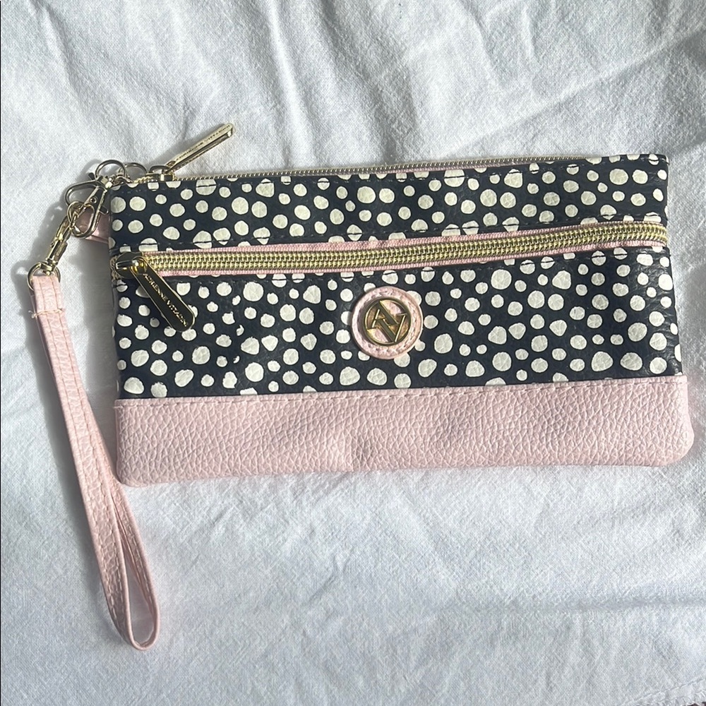 Adrienne Vittadini Pink & Black Polka Dot Wristlet Clutch
